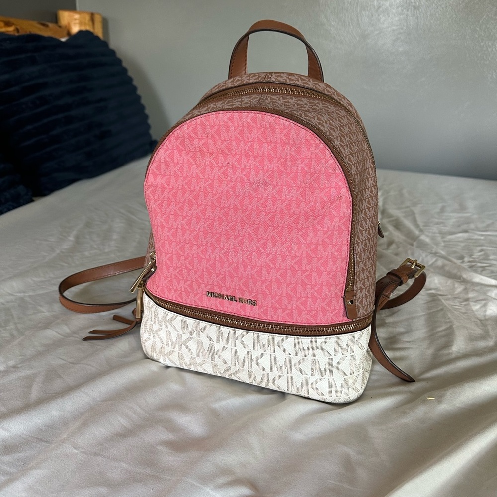 Michael Kors Pink, Brown, and Cream Backpack